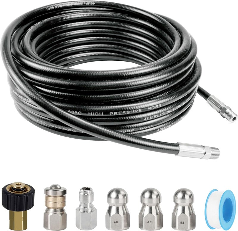 Twinkle Star Sewer Jetter Kit for Pressure Washer 50FT Hose, 1/4 Inch NPT, 5800 PSI Drain Cleaning Hose, Button Nose & Rotating Sewer Jetting Nozzle, Orifice 4.0, 4.5, 5.5 - Image 1